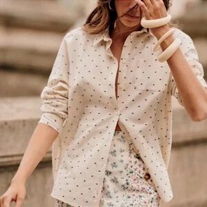 Sezane Tomboy Shirt in Cotton Linen Ecru / Embroidered Blue Dot
